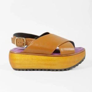 Marni Brown Leather Wooden Platform Slingback Sandal